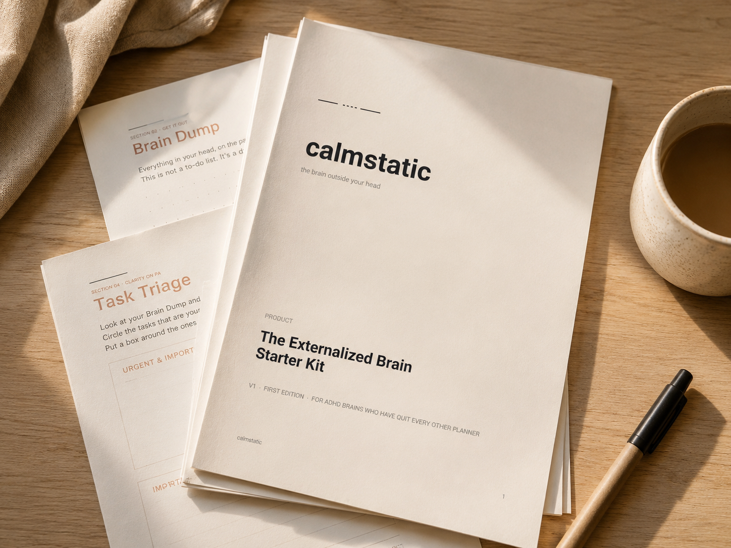 The Calmstatic Starter Kit pages spread on a desk with coffee and a notebook.