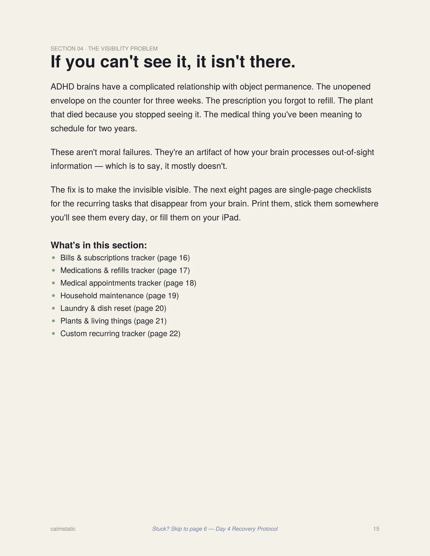 The object permanence visibility page from the Calmstatic Starter Kit