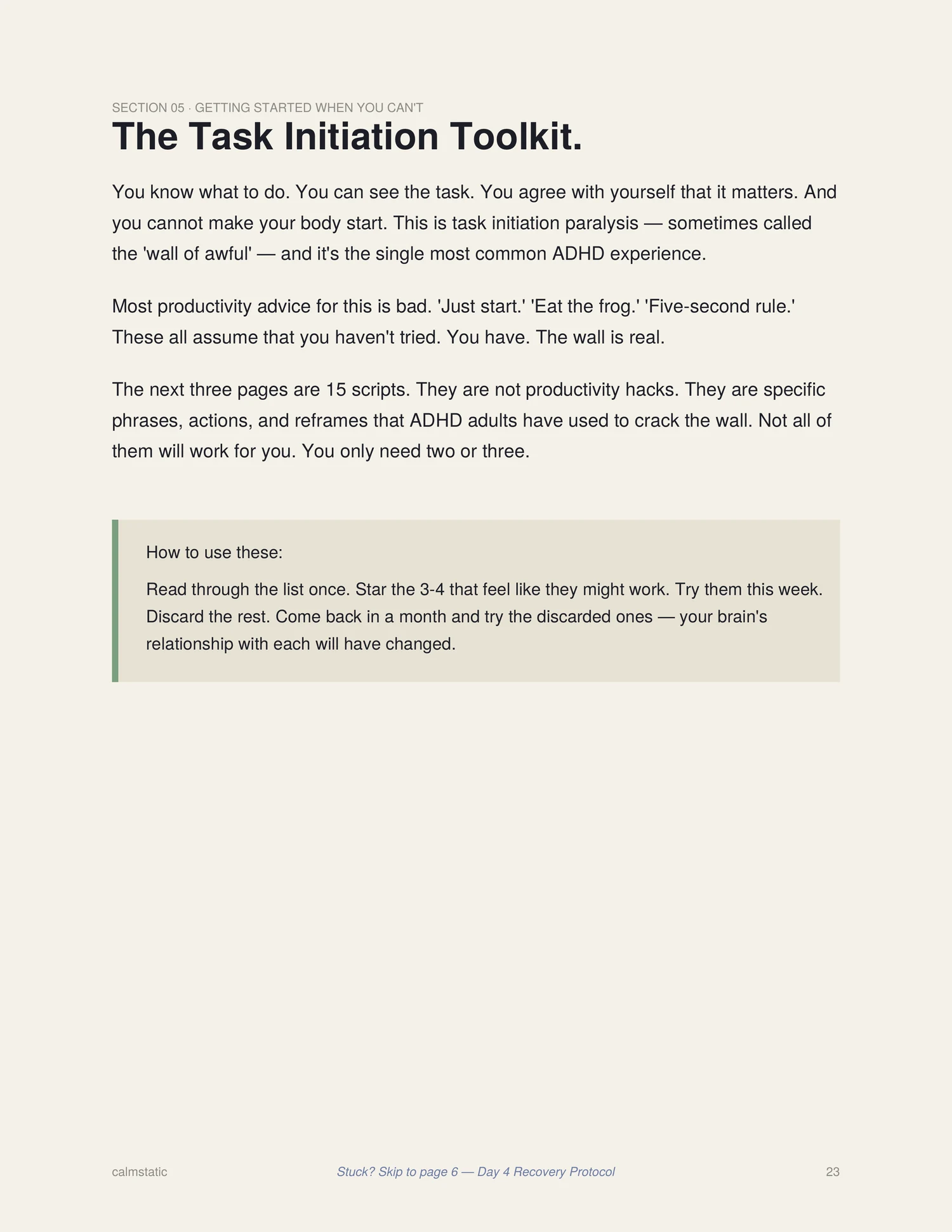 The Task Initiation Toolkit page from the Calmstatic Starter Kit