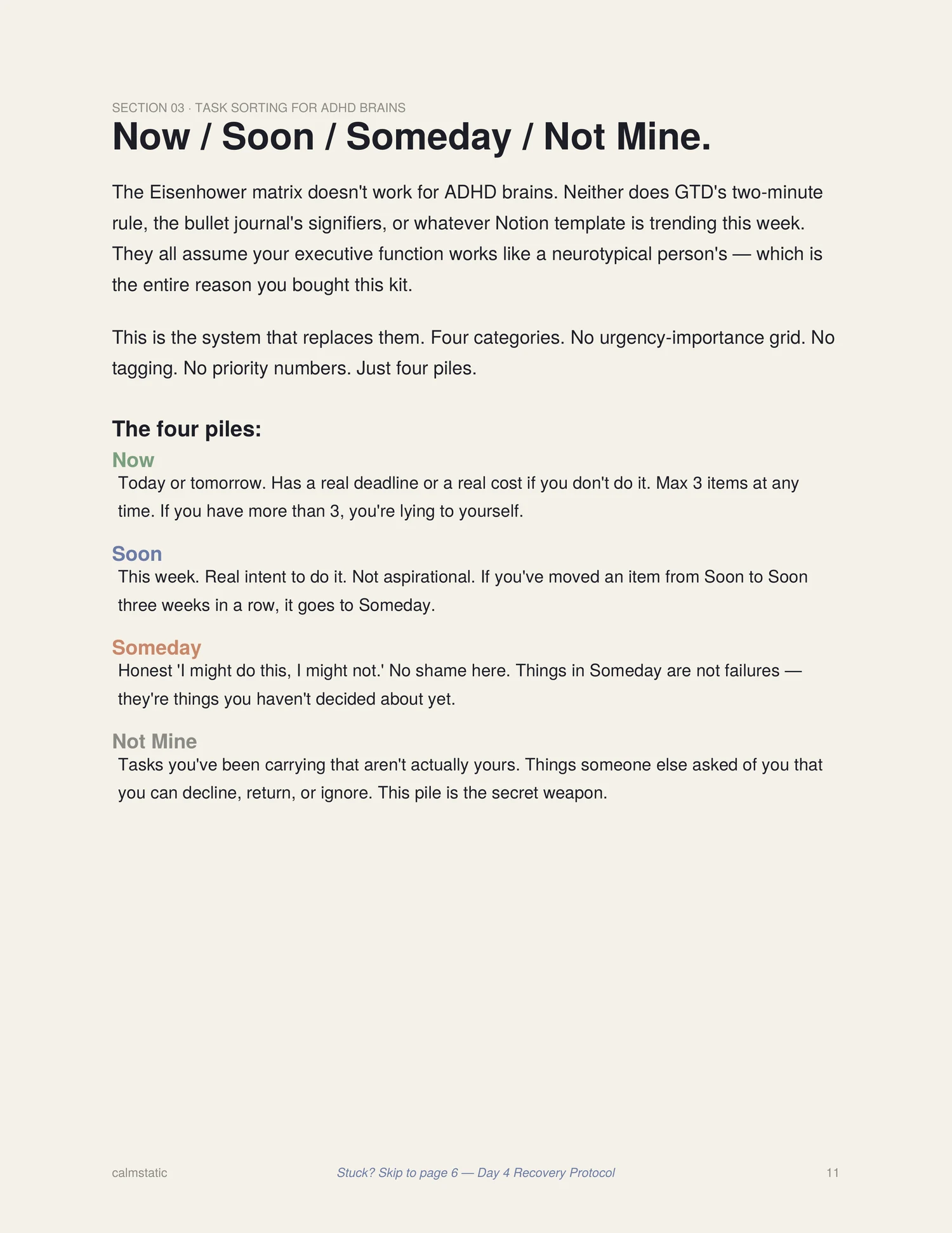Now / Soon / Someday / Not Mine task sorting page from the Calmstatic Starter Kit