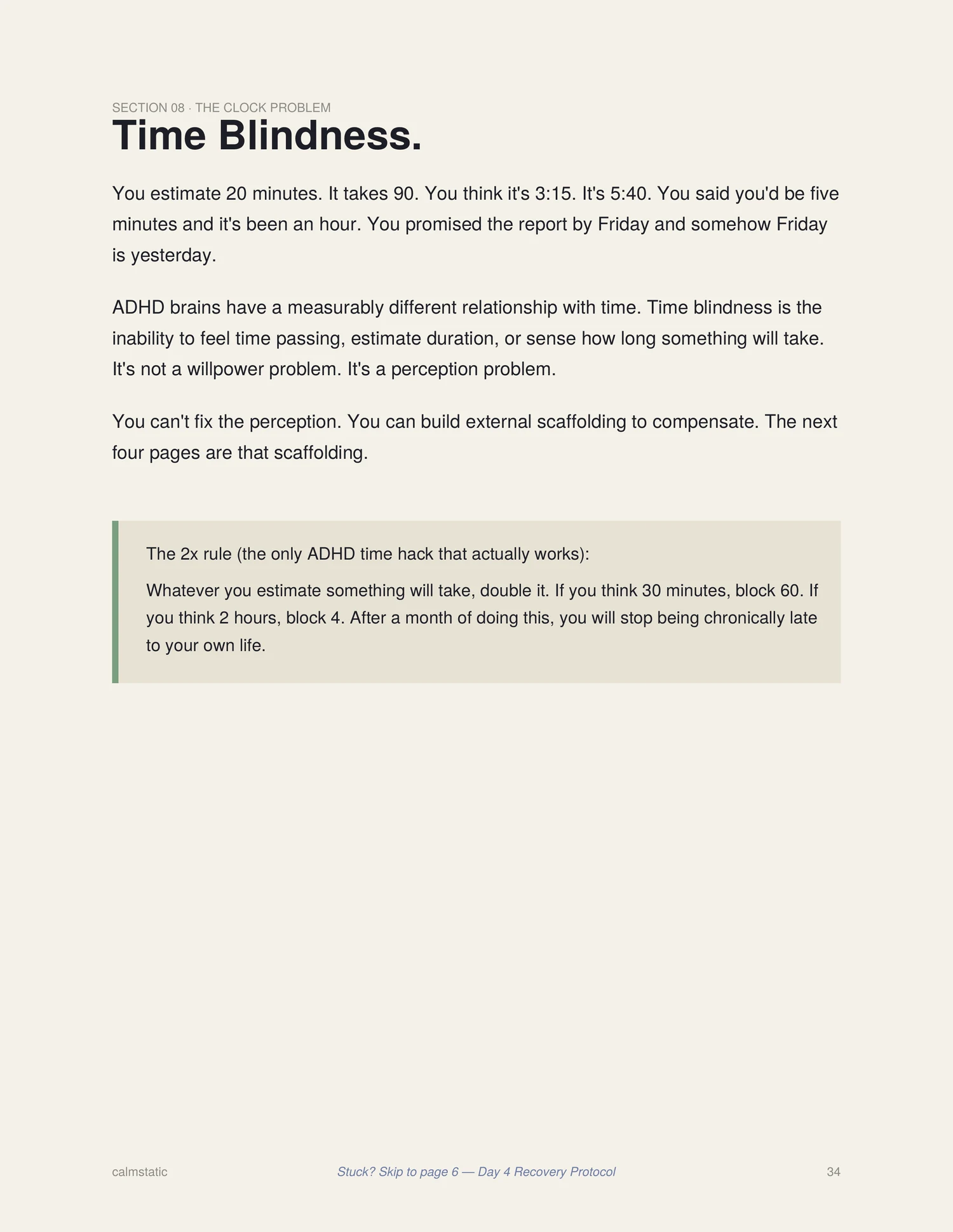 The Time Blindness page from the Calmstatic Starter Kit