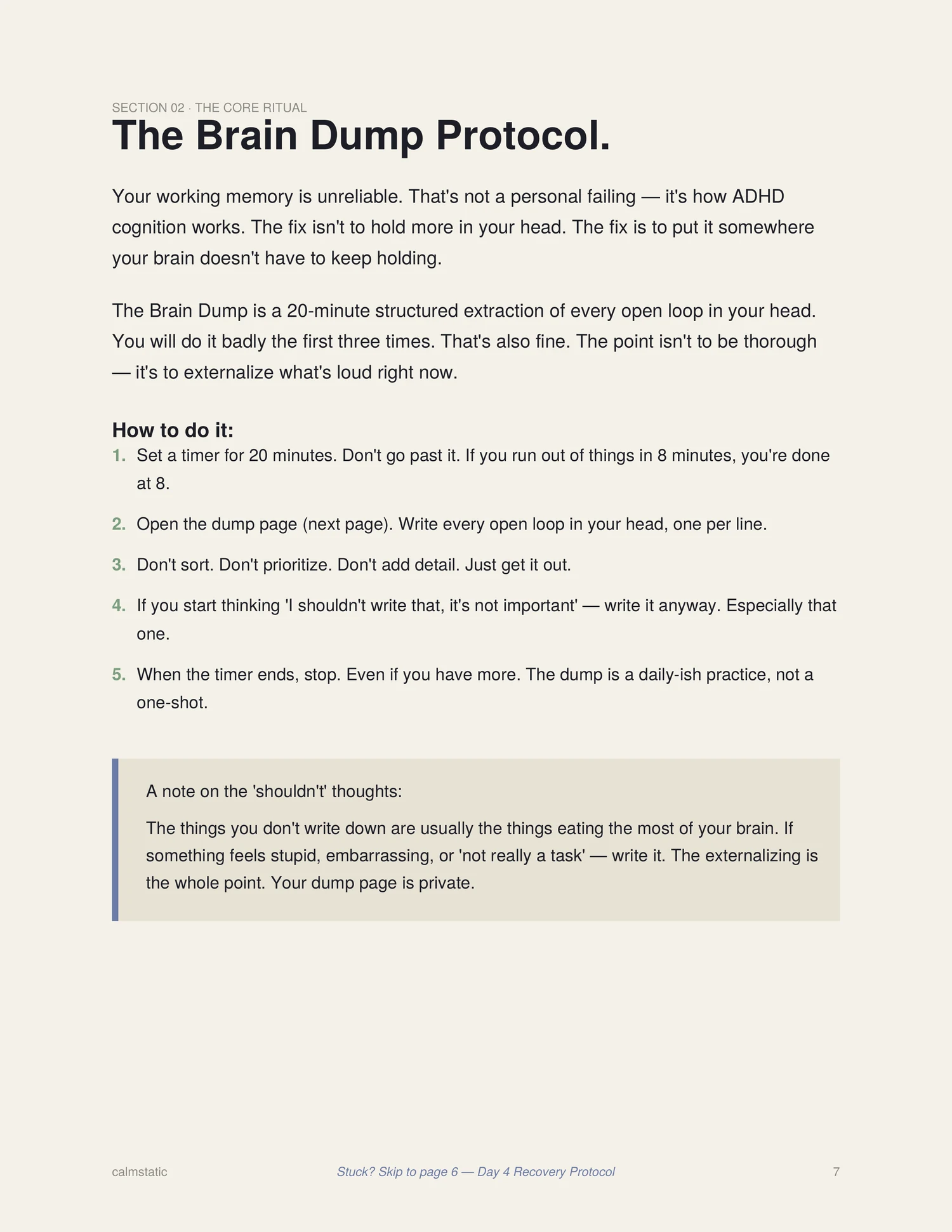 The Brain Dump Protocol page from the Calmstatic Starter Kit