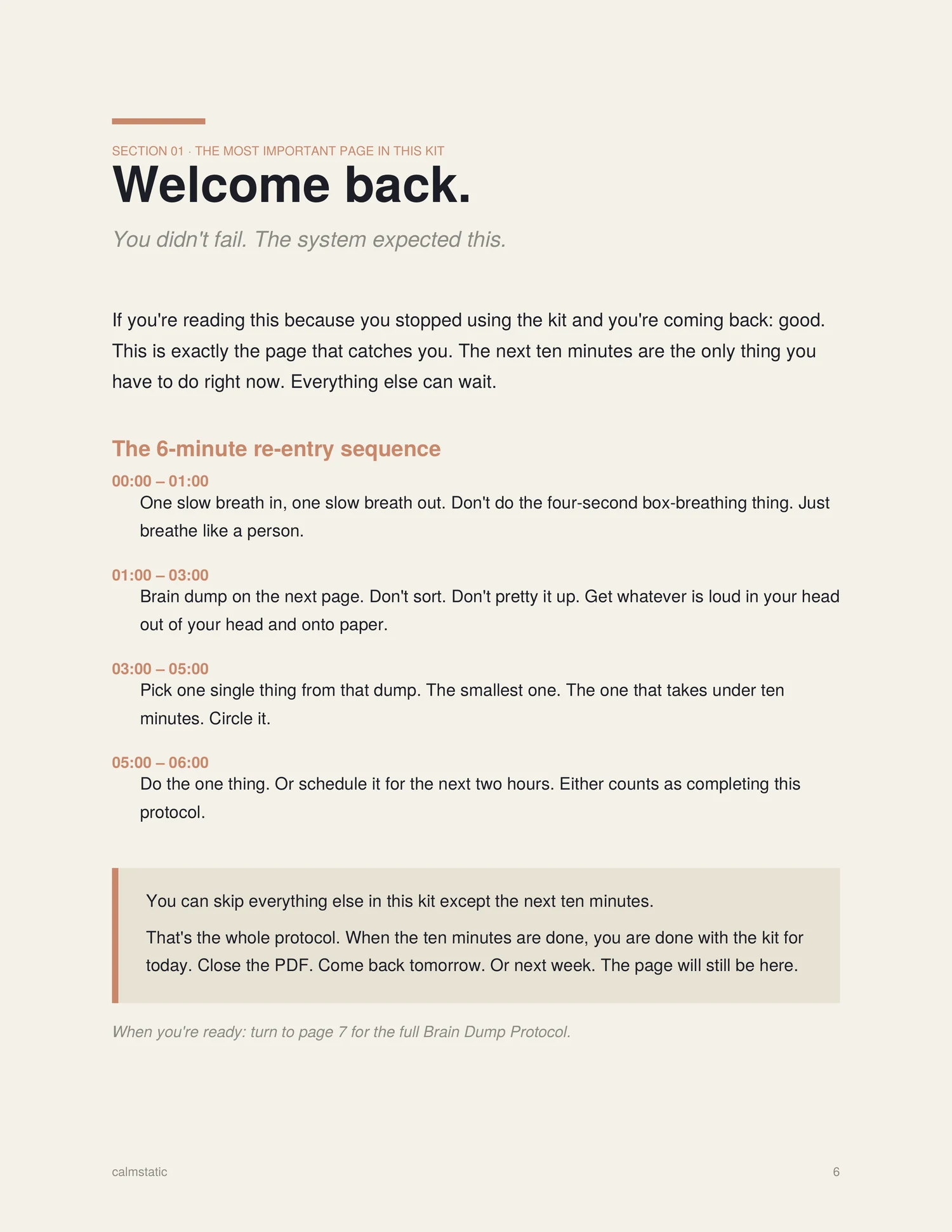 Day 4 Recovery Protocol page from the Calmstatic Starter Kit