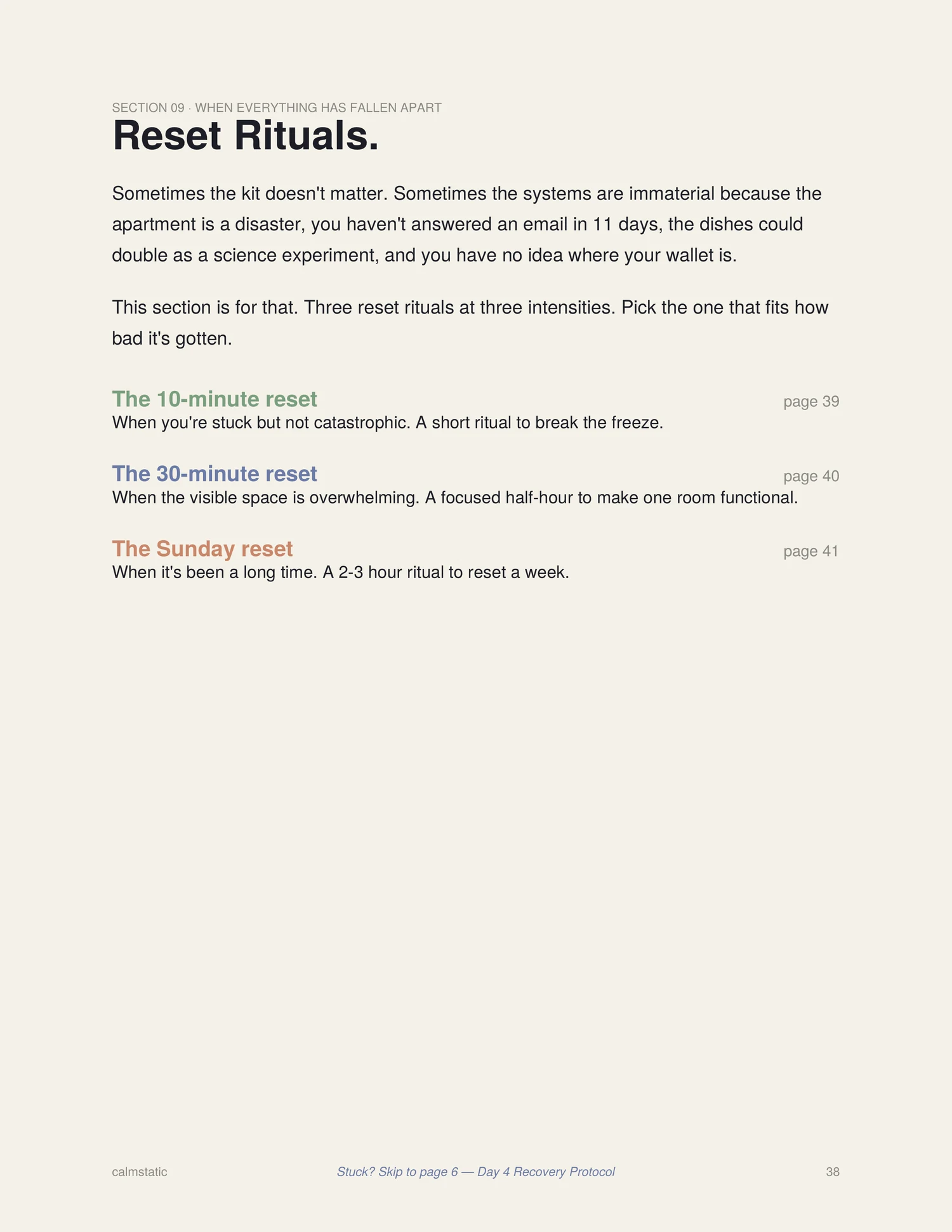 The Reset Rituals page from the Calmstatic Starter Kit